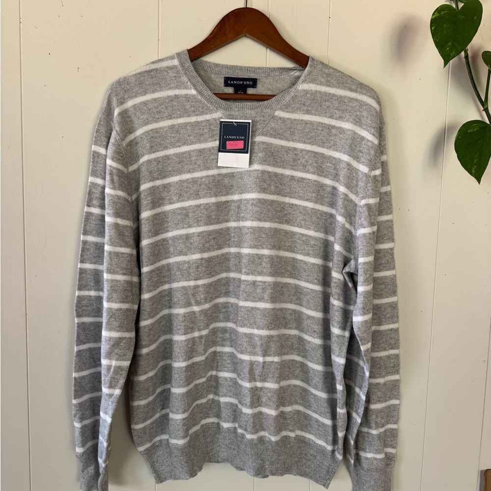 Lands' End Men's Gray and White Striped Crewneck Sweater